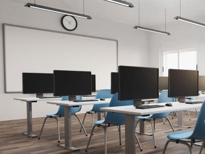 classroom with desks and computers