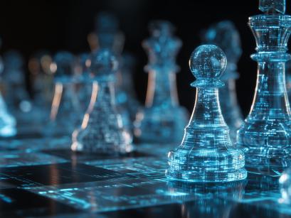 Futuristic chess pieces on board