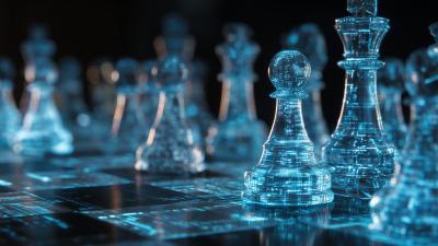 Futuristic chess pieces on board