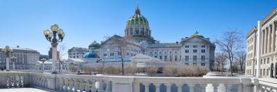 Balcony with view of Harrisburg buildings