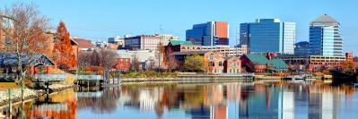 City by the lake during the fall
