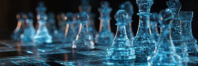 Futuristic chess pieces on board