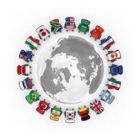 Aerial view of Earth surrounded by various flags